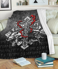 Viking Blanket Thor Hammer Mjolnir Rune Protection Odin Raven Viking Sherpa Fleece Blanket Gifts for Viking Lovers