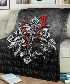 Viking Blanket Thor Hammer Mjolnir Rune Protection Odin Raven Viking Sherpa Fleece Blanket Gifts for Viking Lovers