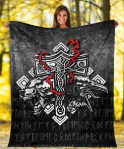 Viking Blanket Thor Hammer Mjolnir Rune Protection Odin Raven Viking Sherpa Fleece Blanket Gifts for Viking Lovers