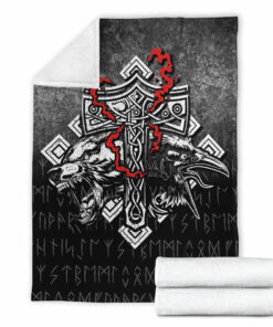 Viking Blanket Thor Hammer Mjolnir Rune Protection Odin Raven Viking Sherpa Fleece Blanket Gifts for Viking Lovers