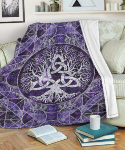 Viking Blanket Tree of Life with Triquetra Amethyst and Silver Sherpa Fleece Blanket Gifts for Viking Lovers