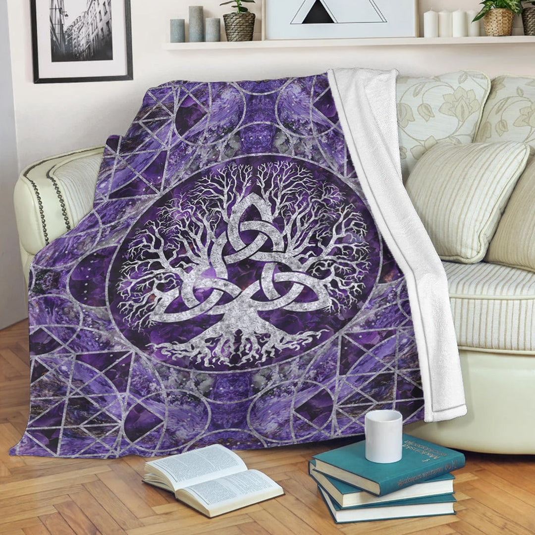 Viking Blanket Tree of Life with Triquetra Amethyst and Silver Sherpa Fleece Blanket Gifts for Viking Lovers