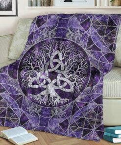 Viking Blanket Tree of Life with Triquetra Amethyst and Silver Sherpa Fleece Blanket Gifts for Viking Lovers