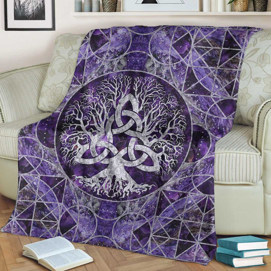 Viking Blanket Tree of Life with Triquetra Amethyst and Silver Sherpa Fleece Blanket Gifts for Viking Lovers