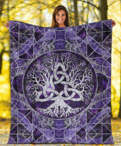 Viking Blanket Tree of Life with Triquetra Amethyst and Silver Sherpa Fleece Blanket Gifts for Viking Lovers