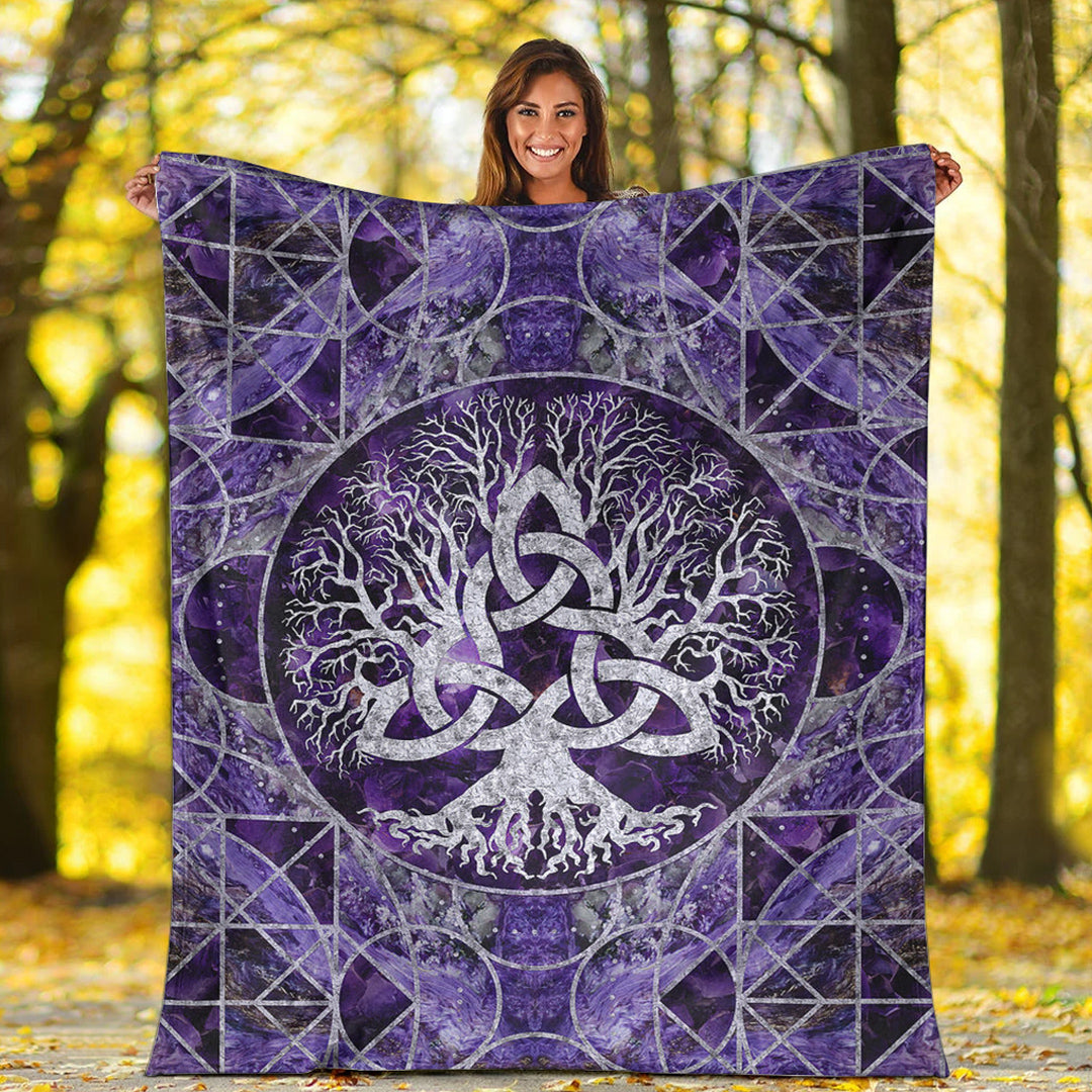 Viking Blanket Tree of Life with Triquetra Amethyst and Silver Sherpa Fleece Blanket Gifts for Viking Lovers