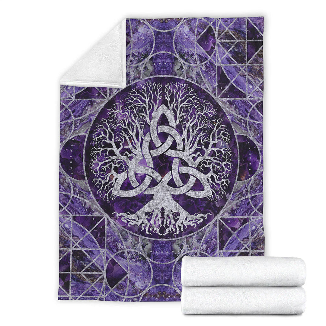 Viking Blanket Tree of Life with Triquetra Amethyst and Silver Sherpa Fleece Blanket Gifts for Viking Lovers
