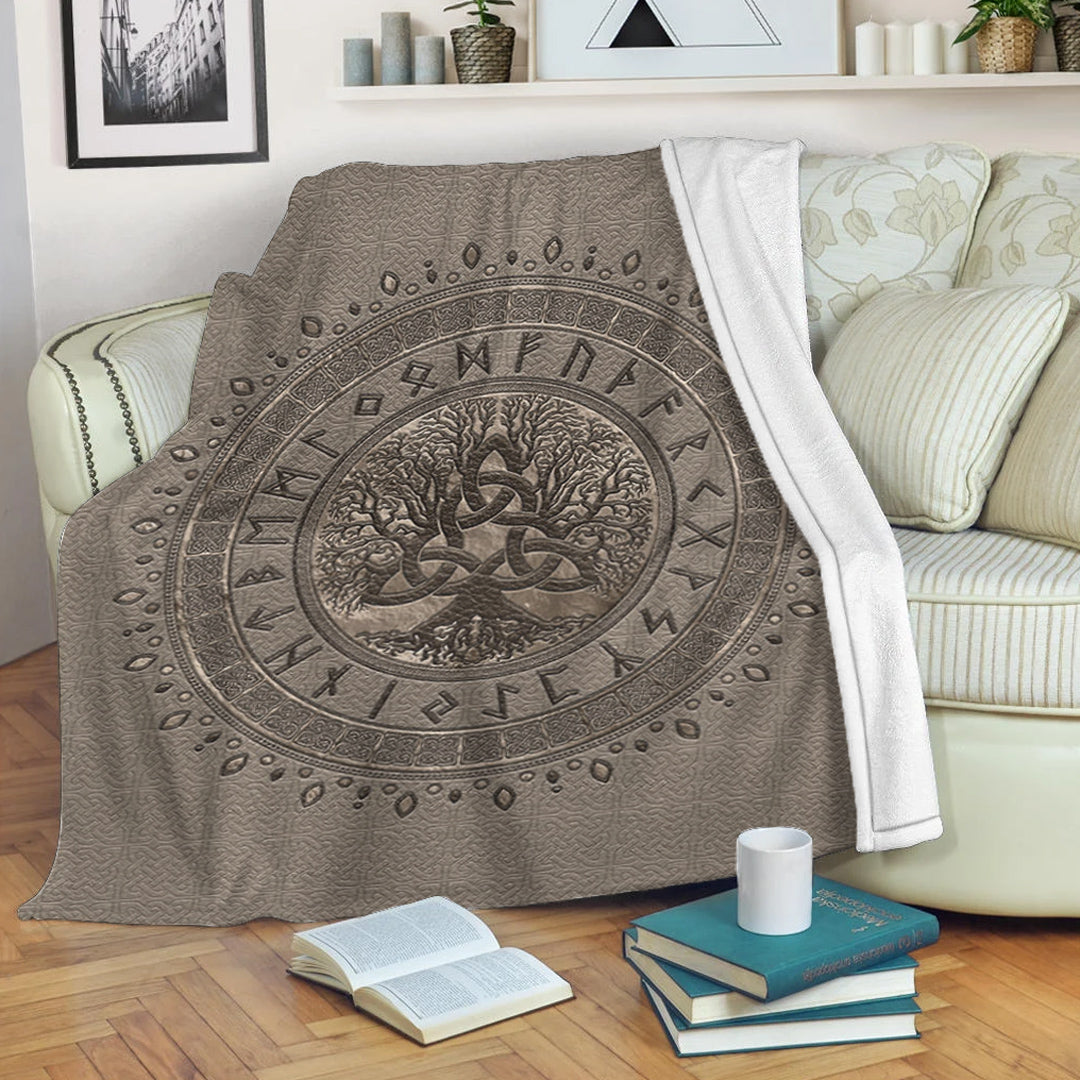 Viking Blanket Tree of Life with Triquetra Beige Sherpa Fleece Blanket Gifts for Viking Lovers