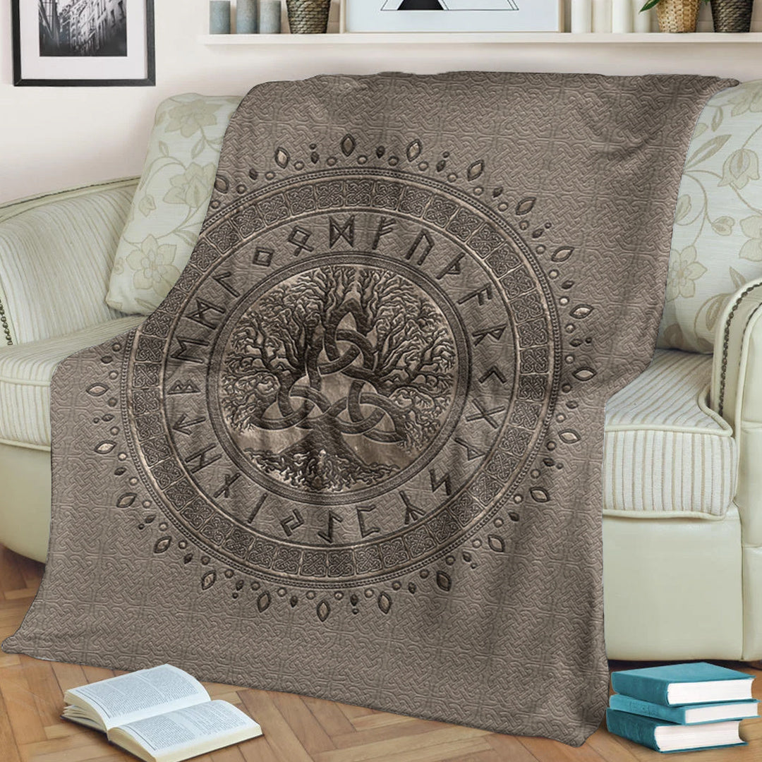Viking Blanket Tree of Life with Triquetra Beige Sherpa Fleece Blanket Gifts for Viking Lovers