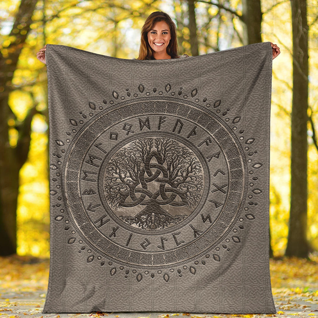 Viking Blanket Tree of Life with Triquetra Beige Sherpa Fleece Blanket Gifts for Viking Lovers