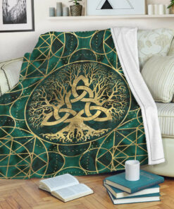 Viking Blanket Tree of Life with Triquetra Malachite and Gold Sherpa Fleece Blanket Gifts for Viking Lovers