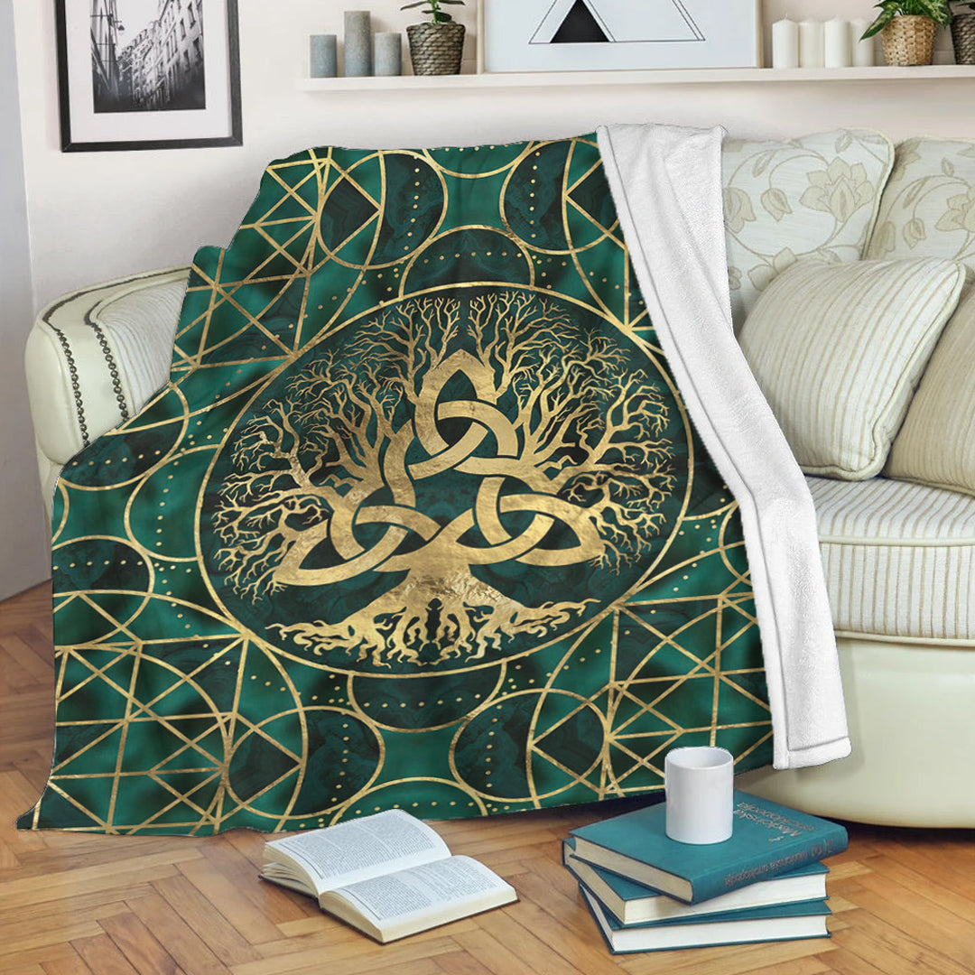 Viking Blanket Tree of Life with Triquetra Malachite and Gold Sherpa Fleece Blanket Gifts for Viking Lovers