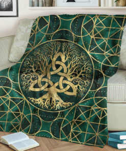 Viking Blanket Tree of Life with Triquetra Malachite and Gold Sherpa Fleece Blanket Gifts for Viking Lovers