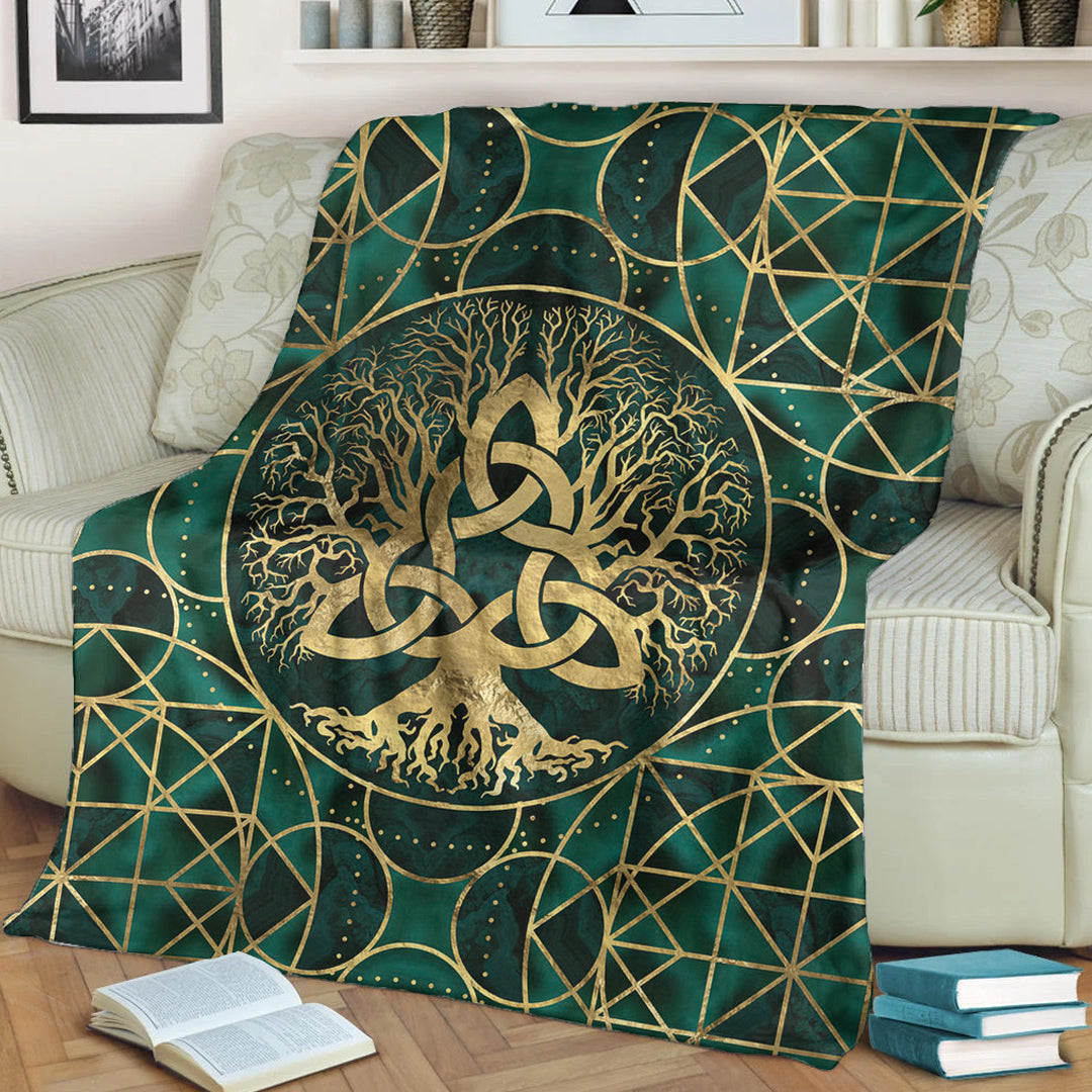 Viking Blanket Tree of Life with Triquetra Malachite and Gold Sherpa Fleece Blanket Gifts for Viking Lovers