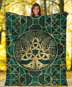 Viking Blanket Tree of Life with Triquetra Malachite and Gold Sherpa Fleece Blanket Gifts for Viking Lovers