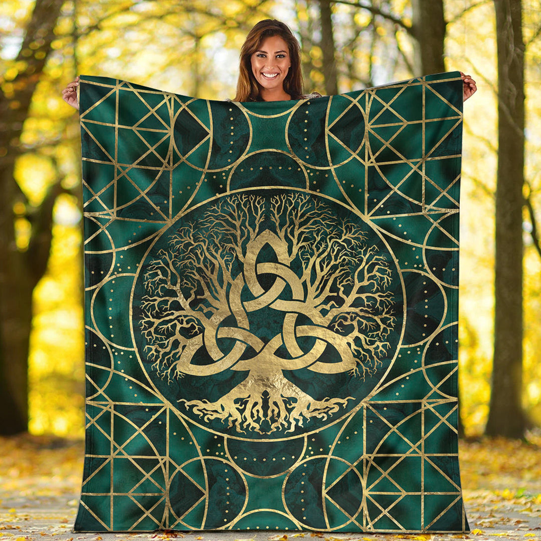 Viking Blanket Tree of Life with Triquetra Malachite and Gold Sherpa Fleece Blanket Gifts for Viking Lovers