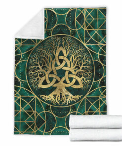 Viking Blanket Tree of Life with Triquetra Malachite and Gold Sherpa Fleece Blanket Gifts for Viking Lovers