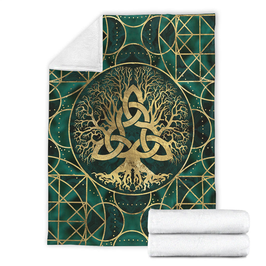 Viking Blanket Tree of Life with Triquetra Malachite and Gold Sherpa Fleece Blanket Gifts for Viking Lovers