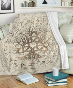 Viking Blanket Tree of Life with Triquetra and Futhark Pastel Gold Sherpa Fleece Blanket Gifts for Viking Lovers