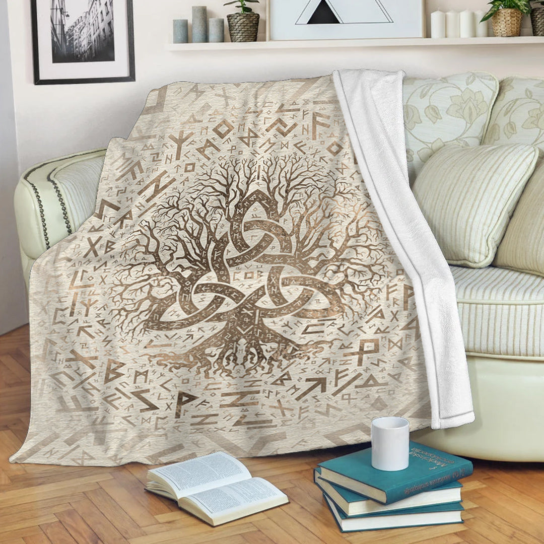 Viking Blanket Tree of Life with Triquetra and Futhark Pastel Gold Sherpa Fleece Blanket Gifts for Viking Lovers