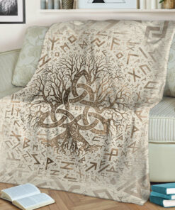 Viking Blanket Tree of Life with Triquetra and Futhark Pastel Gold Sherpa Fleece Blanket Gifts for Viking Lovers