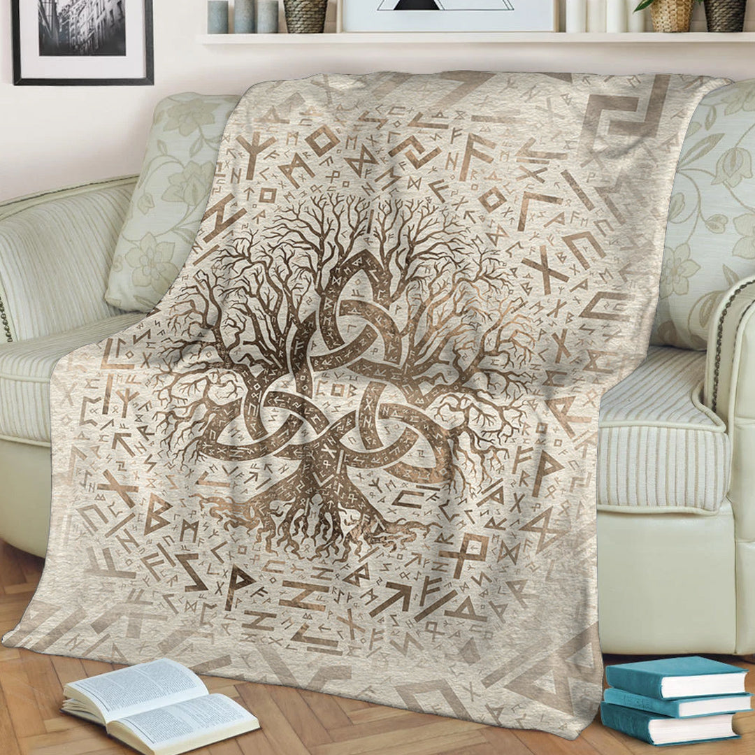 Viking Blanket Tree of Life with Triquetra and Futhark Pastel Gold Sherpa Fleece Blanket Gifts for Viking Lovers