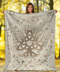 Viking Blanket Tree of Life with Triquetra and Futhark Pastel Gold Sherpa Fleece Blanket Gifts for Viking Lovers