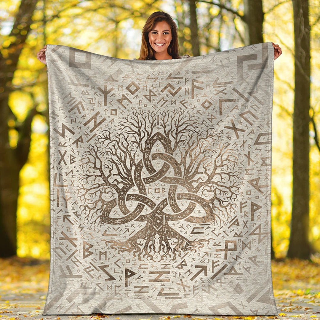 Viking Blanket Tree of Life with Triquetra and Futhark Pastel Gold Sherpa Fleece Blanket Gifts for Viking Lovers