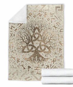 Viking Blanket Tree of Life with Triquetra and Futhark Pastel Gold Sherpa Fleece Blanket Gifts for Viking Lovers
