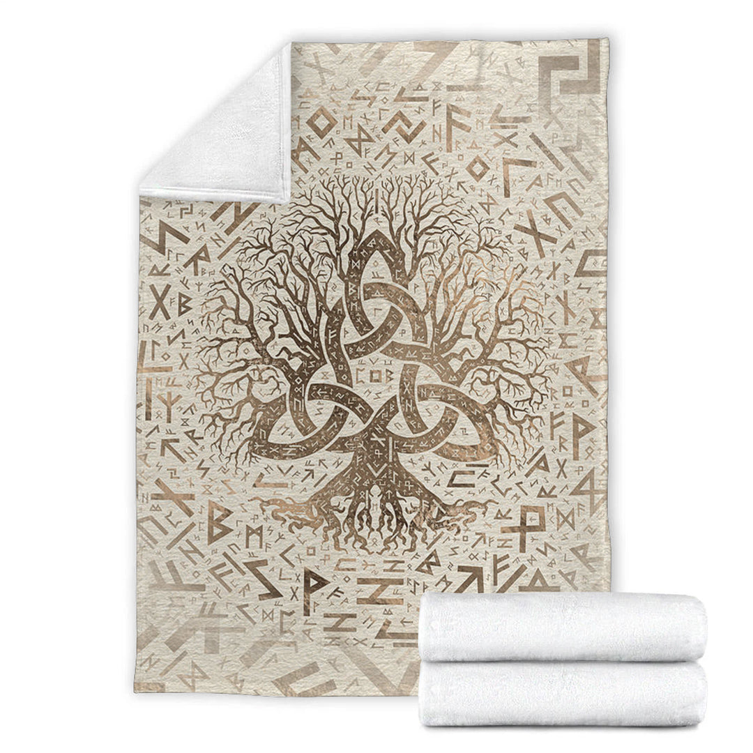 Viking Blanket Tree of Life with Triquetra and Futhark Pastel Gold Sherpa Fleece Blanket Gifts for Viking Lovers