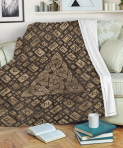 Viking Blanket Triquetra & Runic Alphabet Wood and Gold Sherpa Fleece Blanket Gifts for Viking Lovers