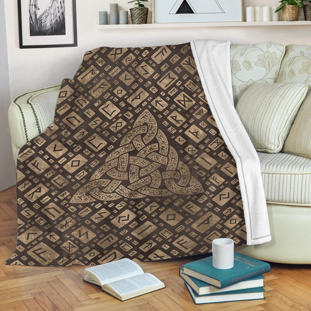 Viking Blanket Triquetra & Runic Alphabet Wood and Gold Sherpa Fleece Blanket Gifts for Viking Lovers