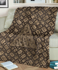 Viking Blanket Triquetra & Runic Alphabet Wood and Gold Sherpa Fleece Blanket Gifts for Viking Lovers