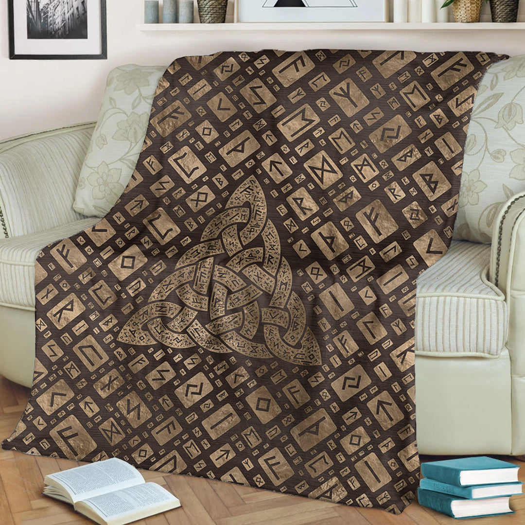 Viking Blanket Triquetra & Runic Alphabet Wood and Gold Sherpa Fleece Blanket Gifts for Viking Lovers