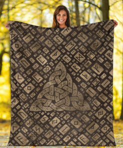 Viking Blanket Triquetra & Runic Alphabet Wood and Gold Sherpa Fleece Blanket Gifts for Viking Lovers
