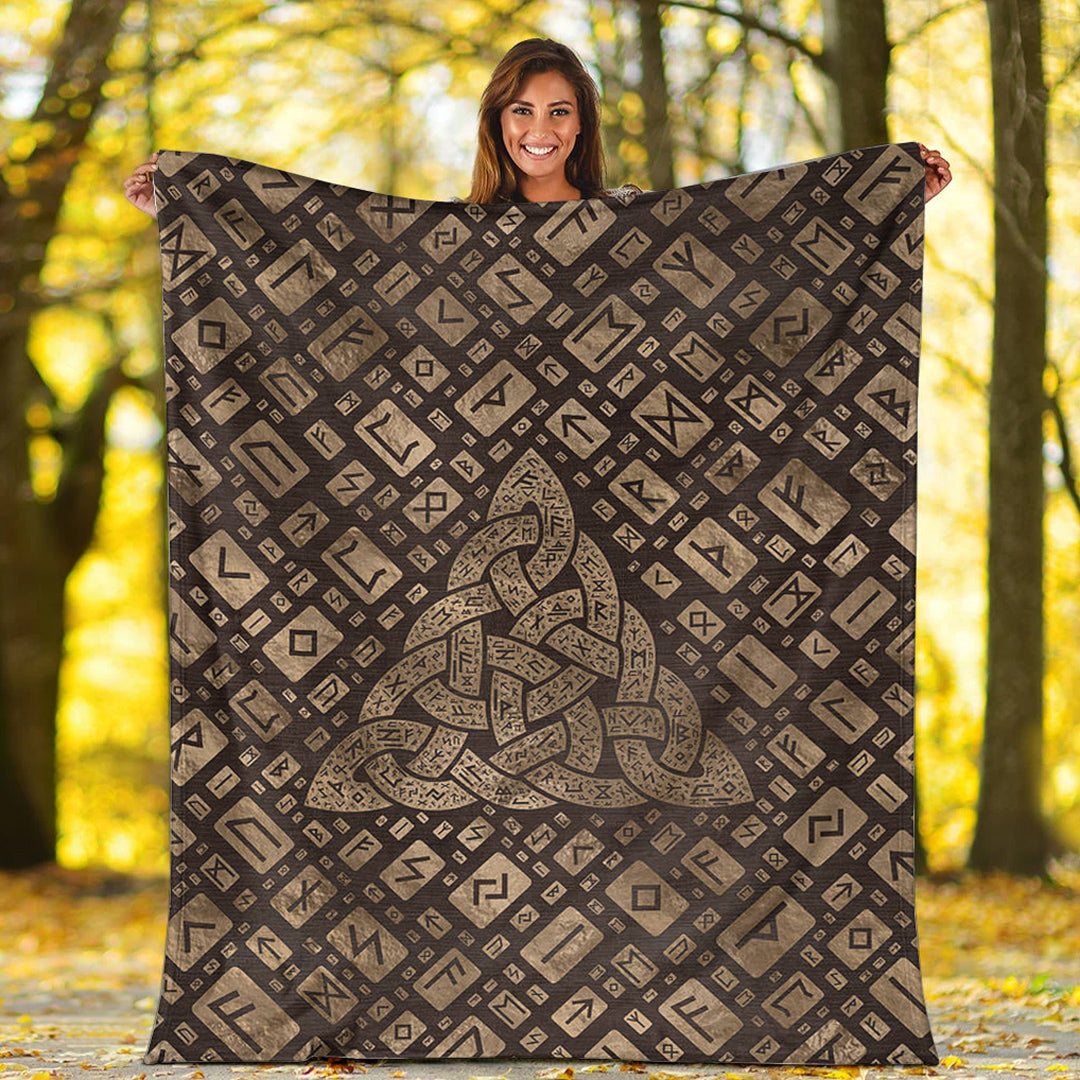 Viking Blanket Triquetra & Runic Alphabet Wood and Gold Sherpa Fleece Blanket Gifts for Viking Lovers