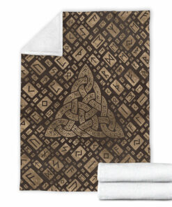 Viking Blanket Triquetra & Runic Alphabet Wood and Gold Sherpa Fleece Blanket Gifts for Viking Lovers