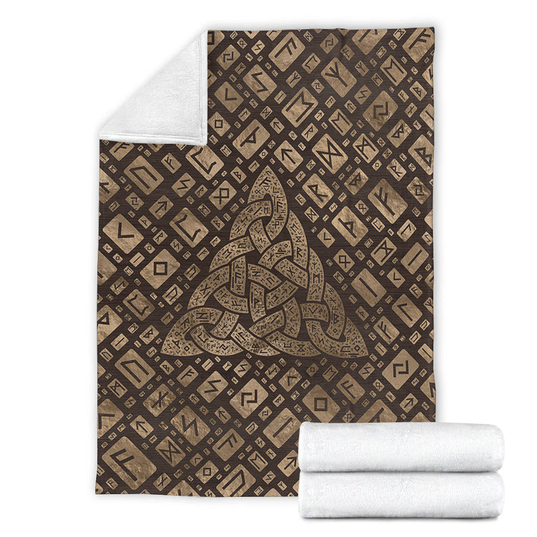 Viking Blanket Triquetra & Runic Alphabet Wood and Gold Sherpa Fleece Blanket Gifts for Viking Lovers