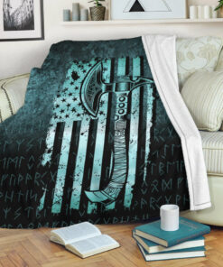 Viking Blanket USA Flag Viking Cool American Norsemen Cyan Version Sherpa Fleece Blanket Gifts for Viking Lovers