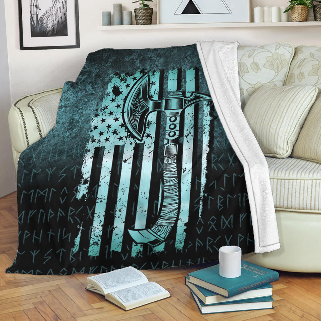 Viking Blanket USA Flag Viking Cool American Norsemen Cyan Version Sherpa Fleece Blanket Gifts for Viking Lovers