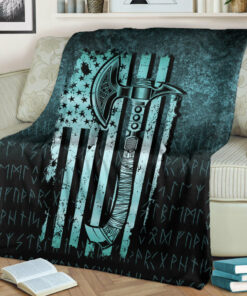 Viking Blanket USA Flag Viking Cool American Norsemen Cyan Version Sherpa Fleece Blanket Gifts for Viking Lovers