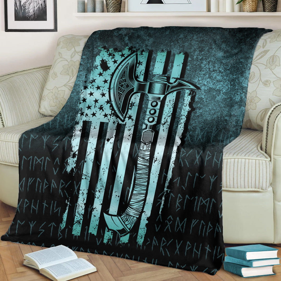 Viking Blanket USA Flag Viking Cool American Norsemen Cyan Version Sherpa Fleece Blanket Gifts for Viking Lovers