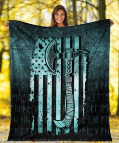 Viking Blanket USA Flag Viking Cool American Norsemen Cyan Version Sherpa Fleece Blanket Gifts for Viking Lovers