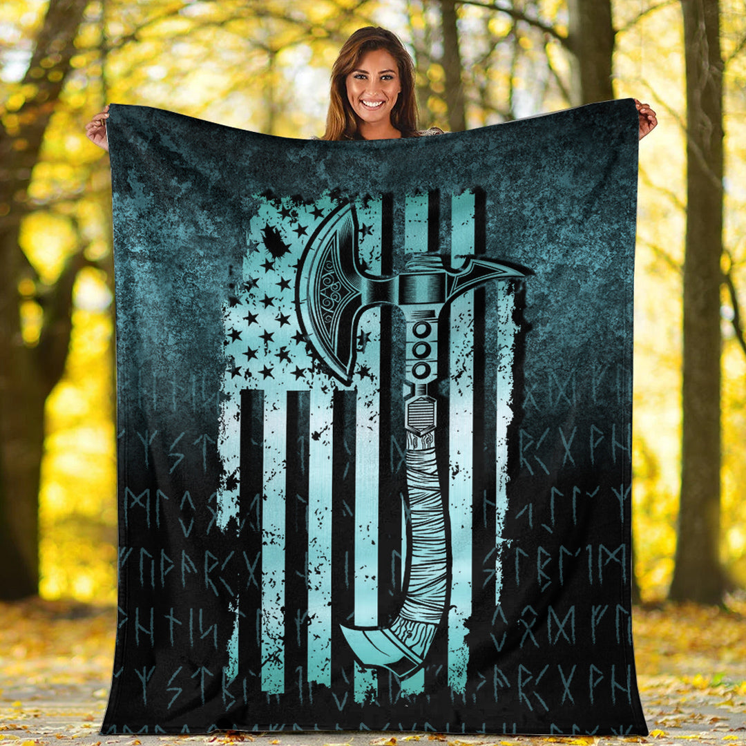 Viking Blanket USA Flag Viking Cool American Norsemen Cyan Version Sherpa Fleece Blanket Gifts for Viking Lovers