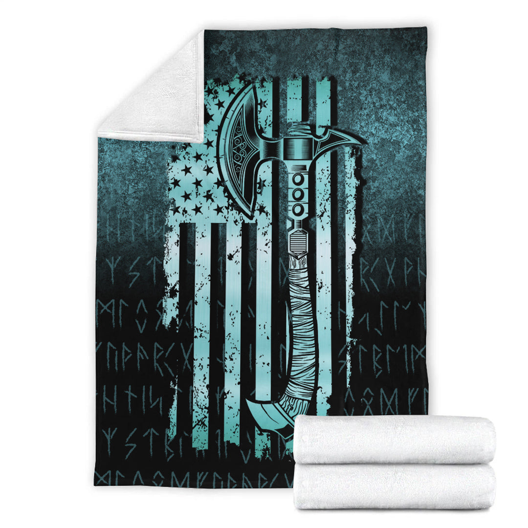 Viking Blanket USA Flag Viking Cool American Norsemen Cyan Version Sherpa Fleece Blanket Gifts for Viking Lovers