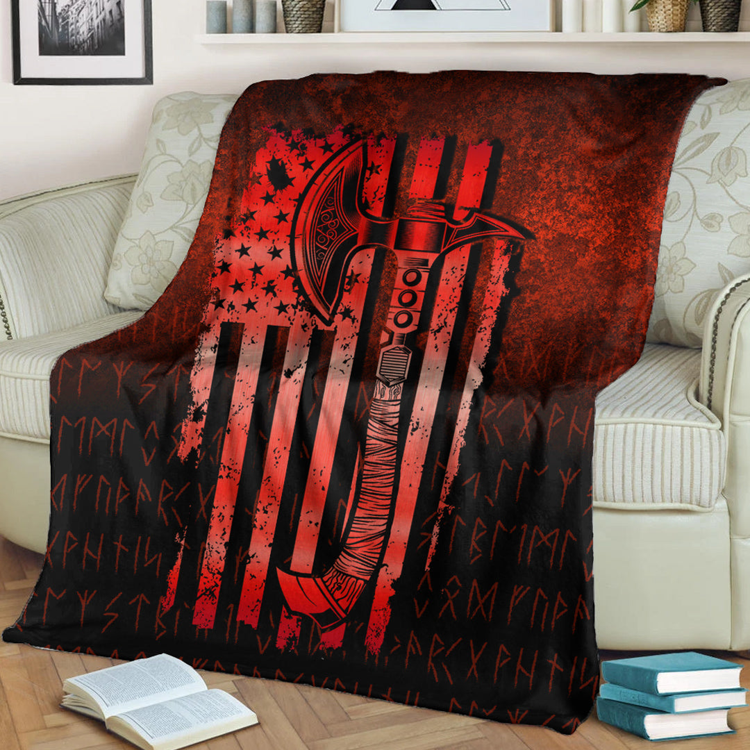Viking Blanket USA Flag Viking Cool American Norsemen Red Version Sherpa Fleece Blanket Gifts for Viking Lovers