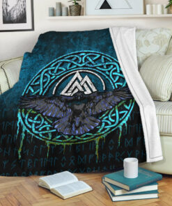 Viking Blanket Valhalla Norse Mythology Raven Black Crow Viking Cyan Version Sherpa Fleece Blanket Gifts for Viking Lovers