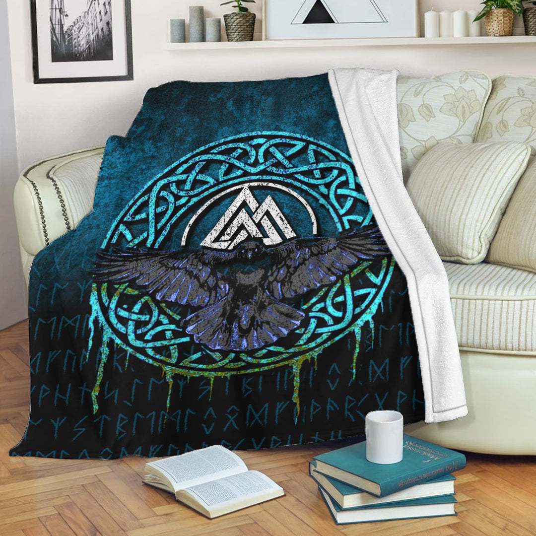 Viking Blanket Valhalla Norse Mythology Raven Black Crow Viking Cyan Version Sherpa Fleece Blanket Gifts for Viking Lovers