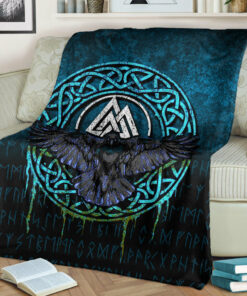 Viking Blanket Valhalla Norse Mythology Raven Black Crow Viking Cyan Version Sherpa Fleece Blanket Gifts for Viking Lovers