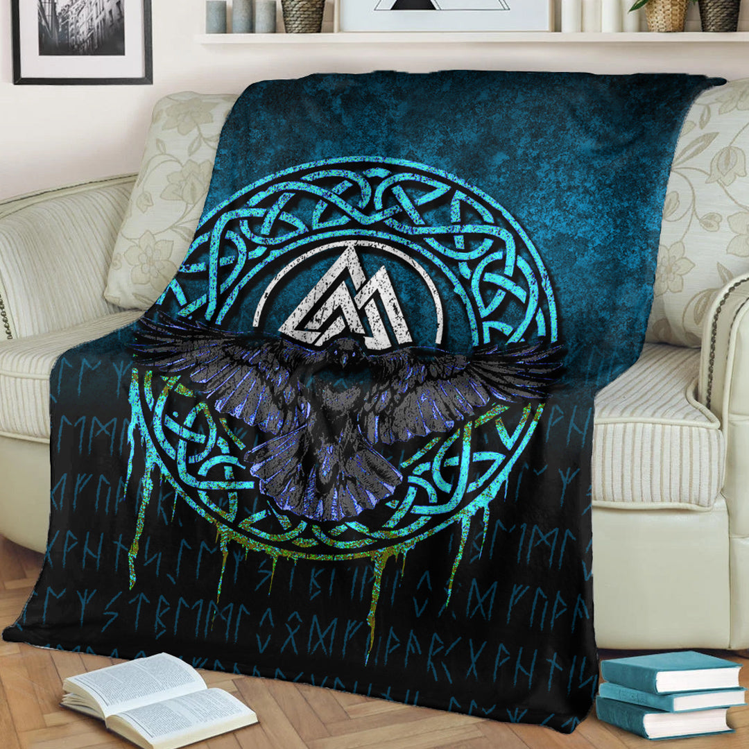 Viking Blanket Valhalla Norse Mythology Raven Black Crow Viking Cyan Version Sherpa Fleece Blanket Gifts for Viking Lovers